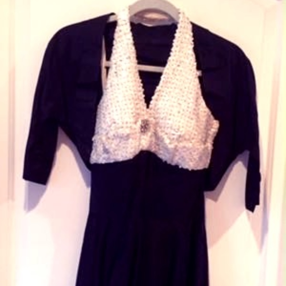 Vintage B/W sateen & sequin dress with bolero XS